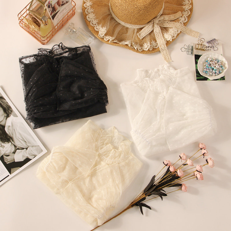 木耳边高领蕾丝波点内搭薄款打底衫 温娴蕾丝衫/雪纺衫