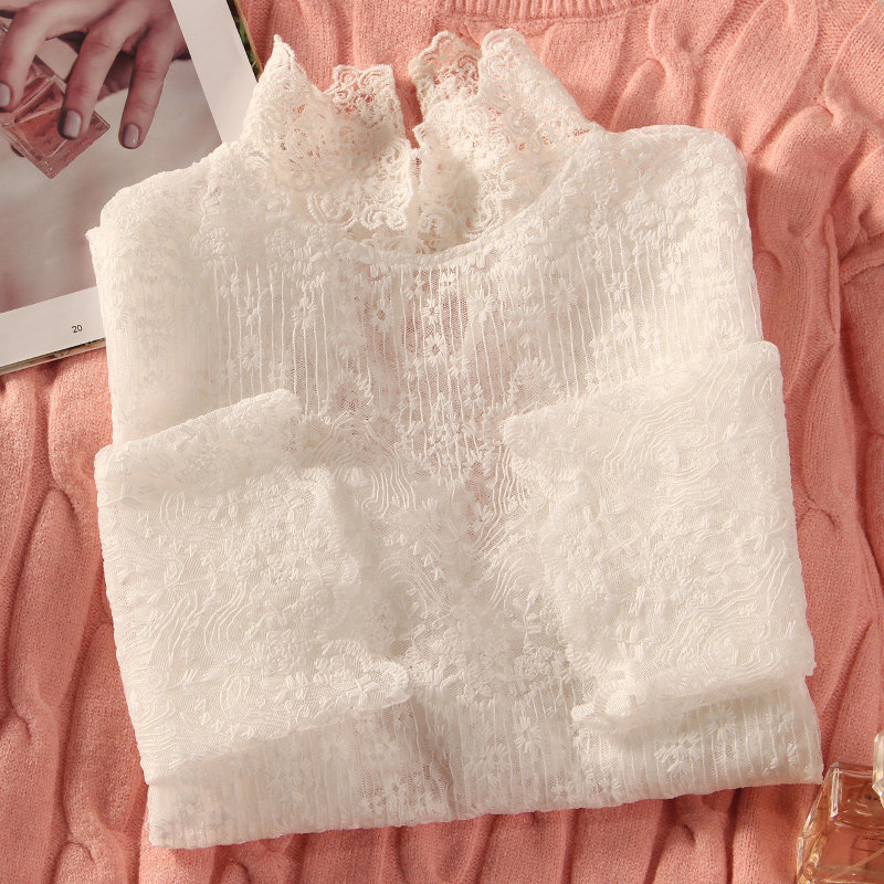 透视高领绣花白色蕾丝内搭女毛衣 温娴蕾丝衫/雪纺衫