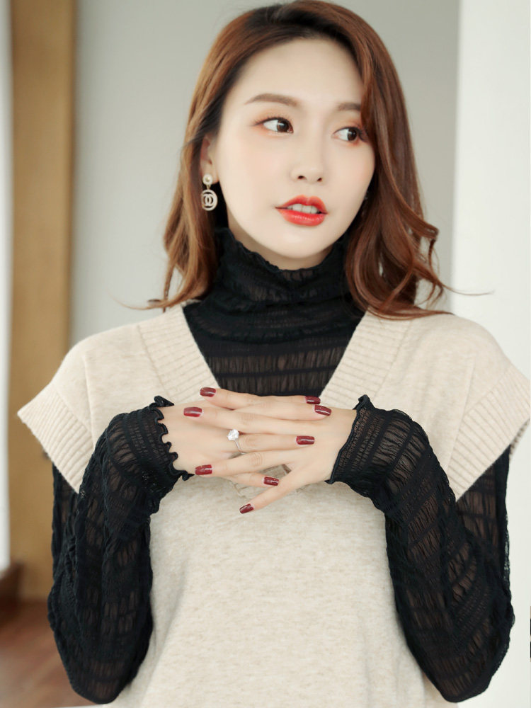 半透明黑色高领蕾丝打底衫女毛衣 温娴蕾丝衫/雪纺衫