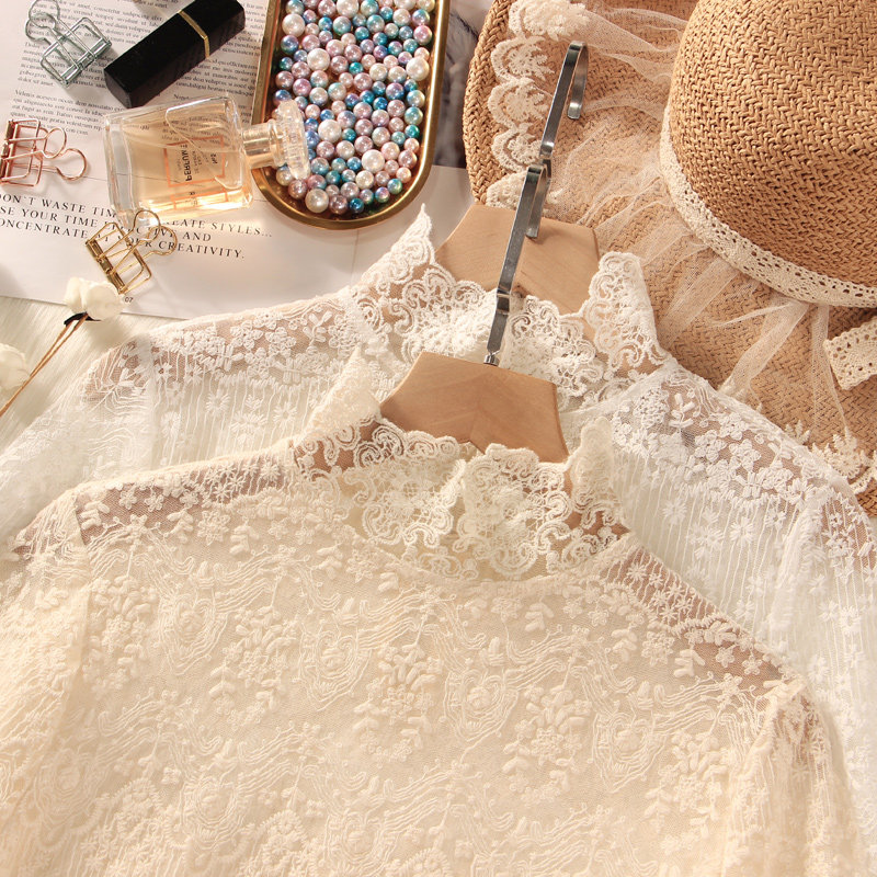 高端绣花蕾丝女洋气长袖内搭潮毛衣 温娴蕾丝衫/雪纺衫