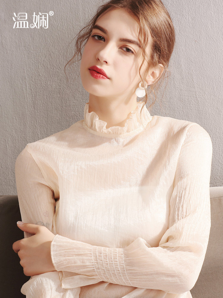 压褶木耳边女长袖内搭性感雪纺衫 温娴蕾丝衫/雪纺衫