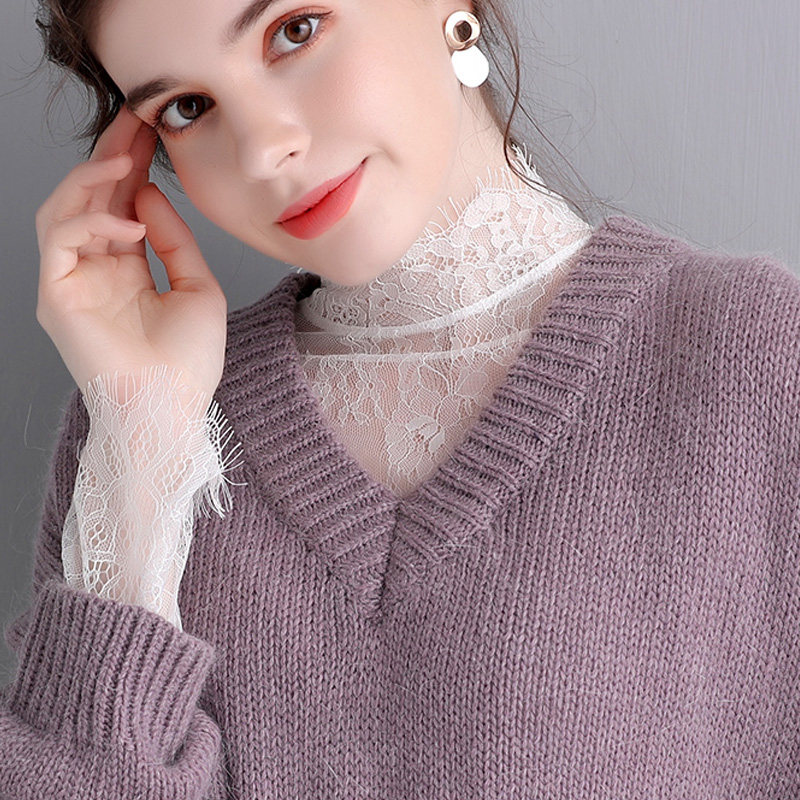 透明白色网纱薄纱长袖性感打底衫 温娴蕾丝衫/雪纺衫