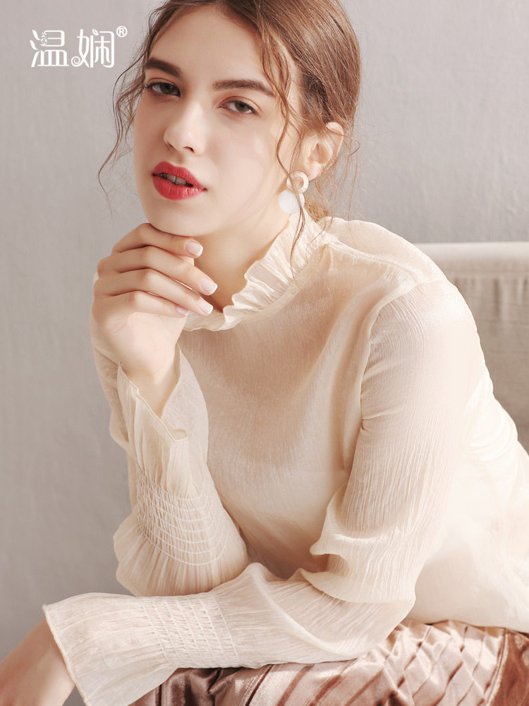 压褶木耳边女长袖内搭性感雪纺衫 温娴蕾丝衫/雪纺衫