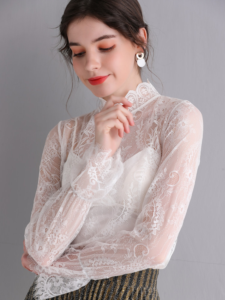 透视白色蕾丝高领精致神仙打底衫 温娴蕾丝衫/雪纺衫