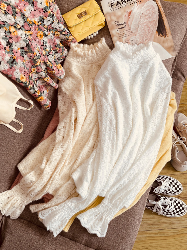 花边高领磨毛蕾丝打底衫新款冬毛衣 温娴蕾丝衫/雪纺衫