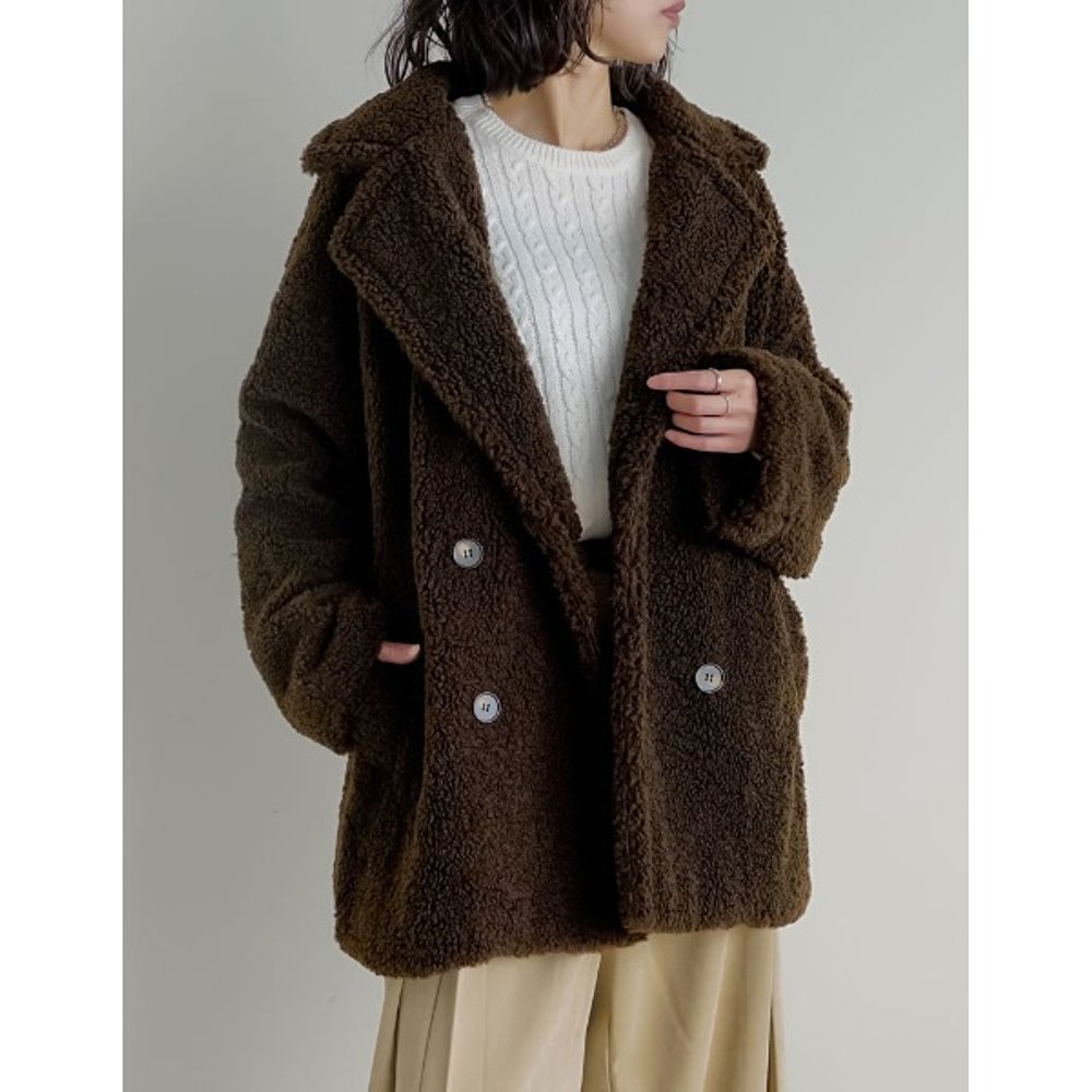 1h可退 日本直邮Re:EDIT 女装 宽松版型 双排扣中长款毛绒外套 小 - 图2