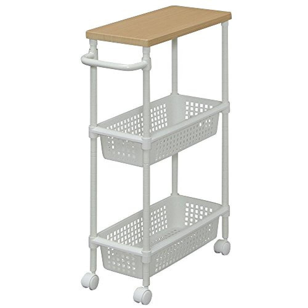 天猫国际日本直购日本直邮爱丽思欧雅玛 3层调味架储物车金属杆木顶板带把手22cm白2