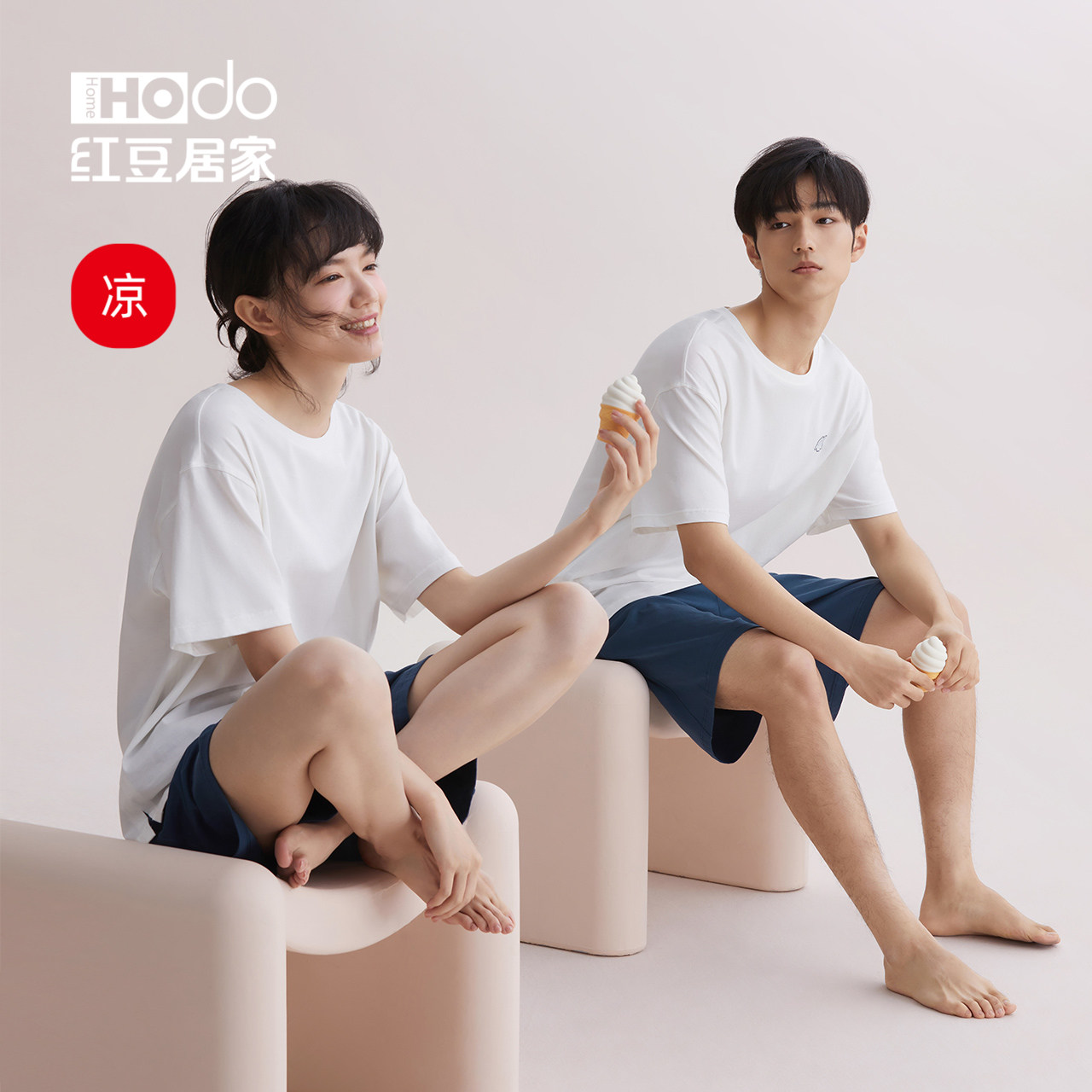 凉感纯棉情侣夏季女短袖红豆薄睡衣 红豆居家outlets店睡衣/家居服套装