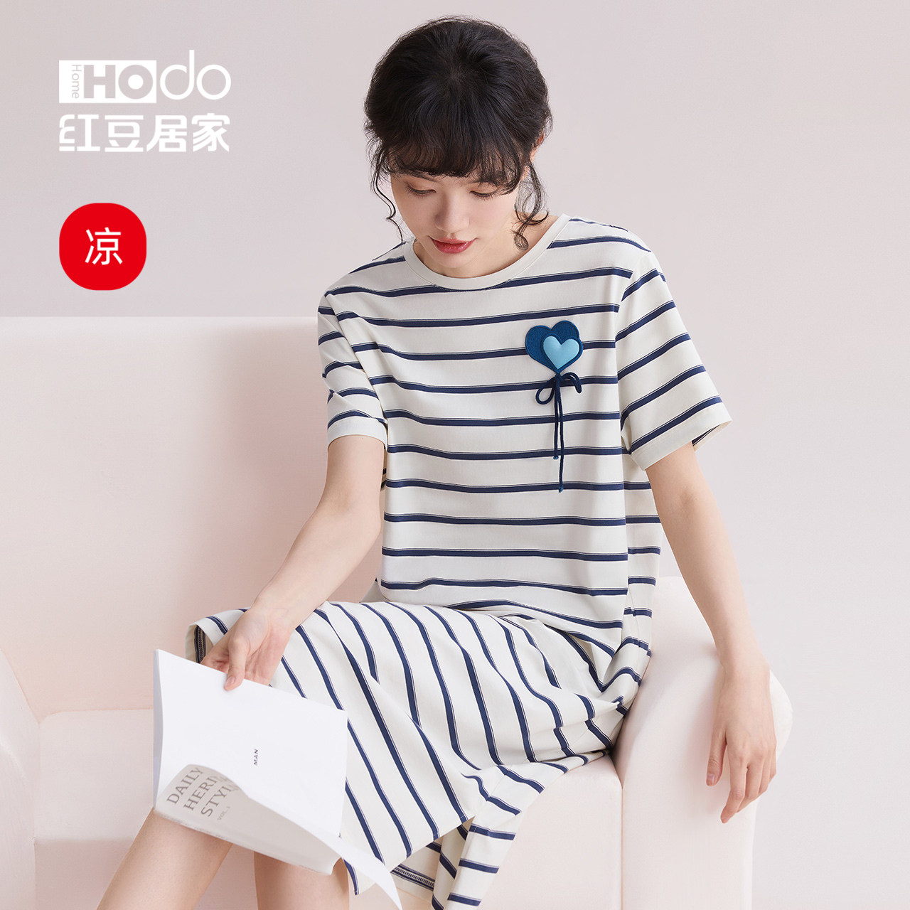 夏红豆凉感短袖高级感条纹棉睡衣 红豆居家outlets店睡裙