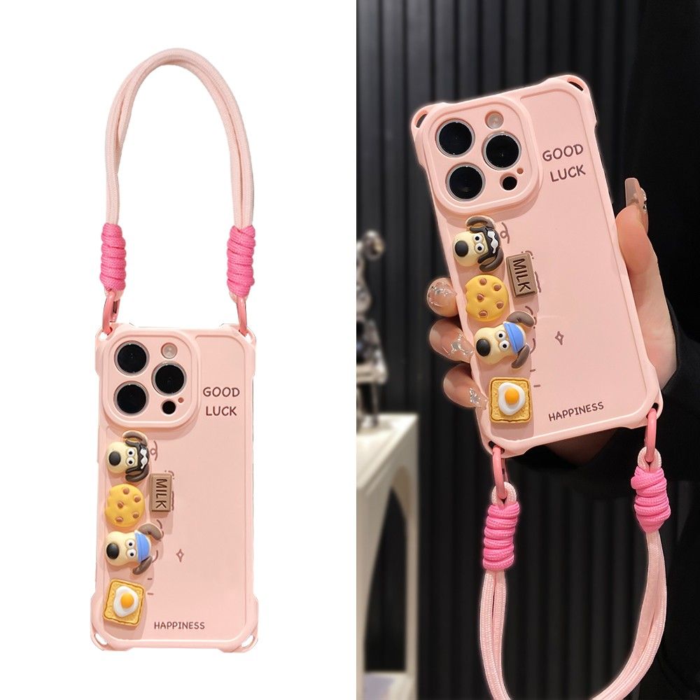 英文小狗适用苹果16手机壳iPhone15/14PRO立体公仔华为NOVA12四角挂绳PURA70情侣OPPORENO12小米红米K70VIVO