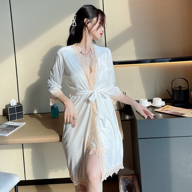 性感纯色2021年金丝绒两件套睡袍 向娜睡裙