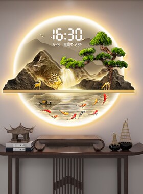 入户玄关装饰画带灯钟表挂钟客厅高级感流水生财挂画电子时钟挂墙