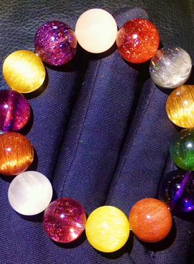 15-16mm水晶多宝手链 草莓晶铜发晶超七紫发白兔毛绿发晶银钛单珠