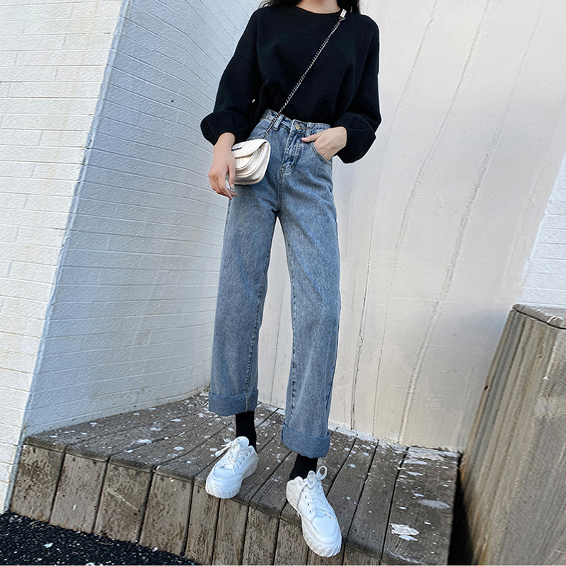 2020新款秋直筒宽松春秋高腰牛仔裤 绣若画牛仔裤