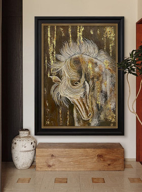 马到成功纯手绘油画金箔装饰画客厅美式中古风玄关挂画高级感壁画
