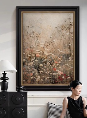 法式复古花卉挂画客厅纯手绘油画中古风玄关装饰画餐厅轻奢艺术画