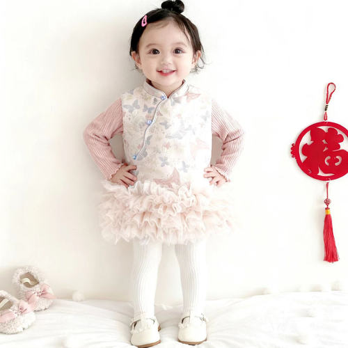 女童连衣裙新中式旗袍粉色背心公主裙女宝宝周岁礼服拜年服套装裙 - 图1
