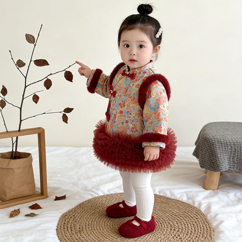 女童中国风连衣裙冬装夹棉加厚毛领盘扣新年拜年服周岁礼服女宝宝,淘宝优惠券,粉丝福利购,淘宝优惠卷