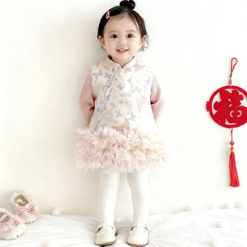 女童连衣裙新中式旗袍粉色背心公主裙女宝宝周岁礼服拜年服套装裙 - 图0