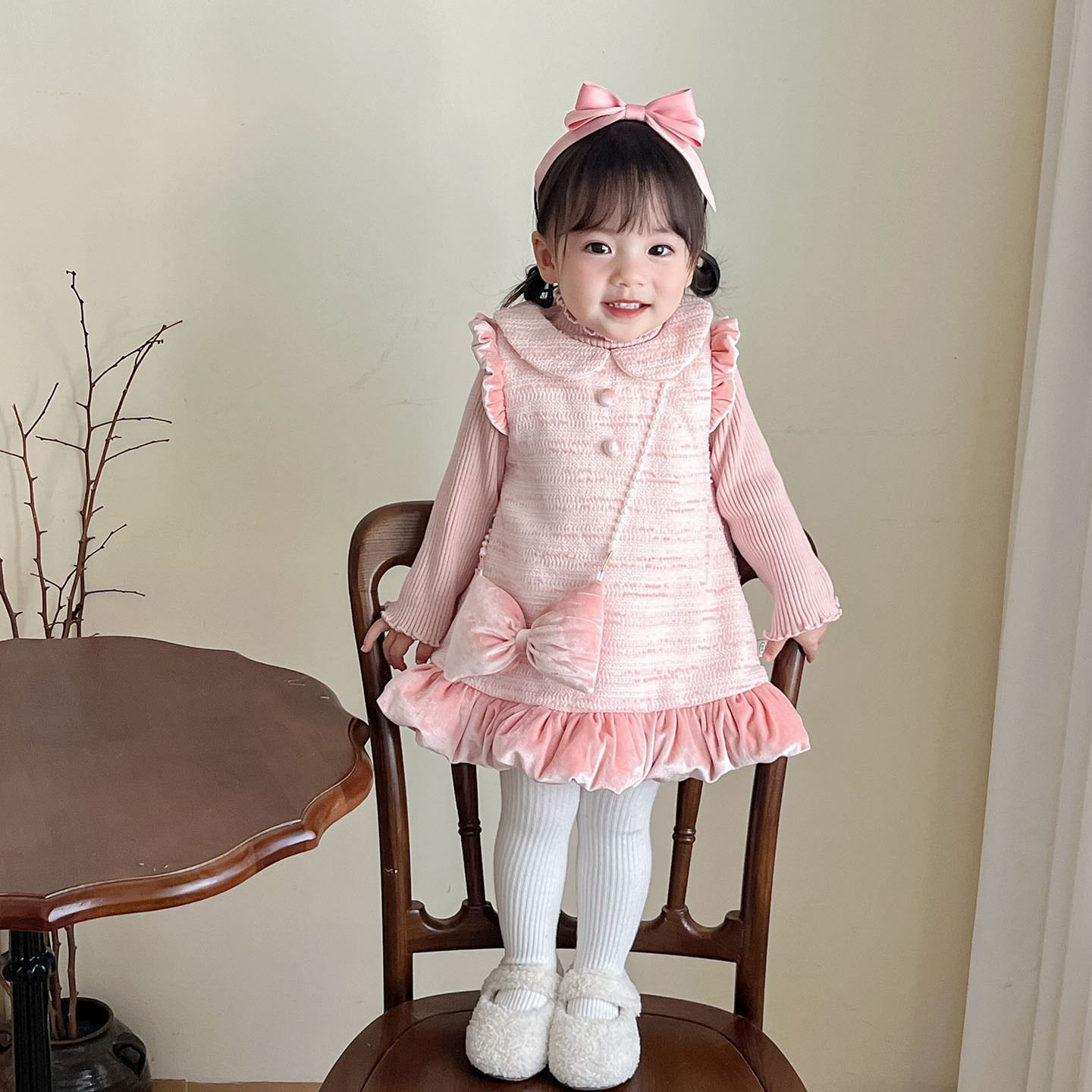 女童拜年服加绒连衣裙冬装背心套装公主裙一岁衣服女宝宝礼服童装 - 图1