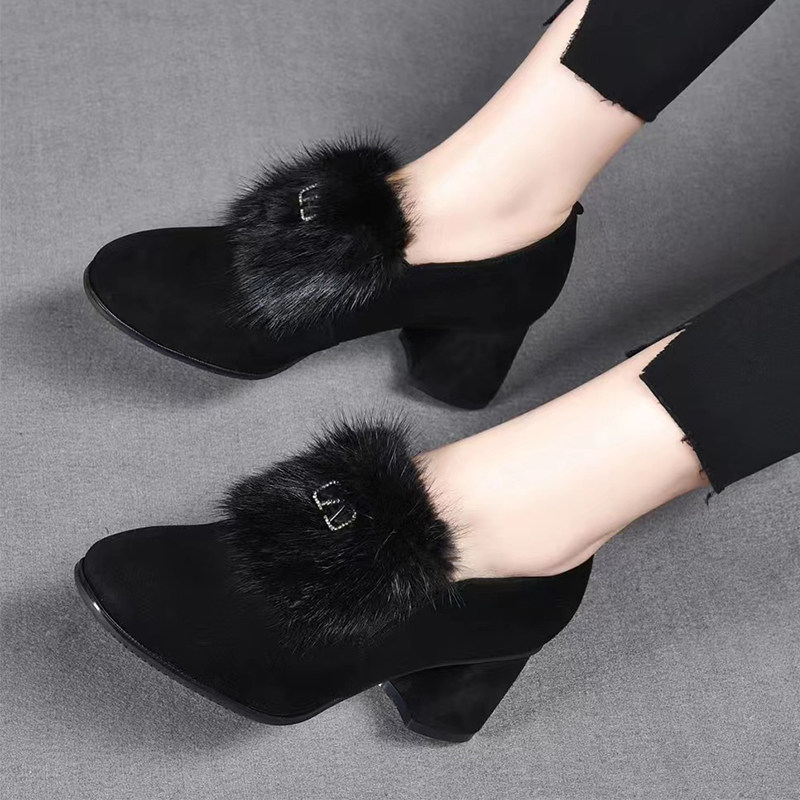 时尚休闲冬季加绒加厚保暖女士真皮全羊绒圆头粗跟深口单鞋毛毛鞋,淘宝优惠券,粉丝福利购,淘宝优惠卷