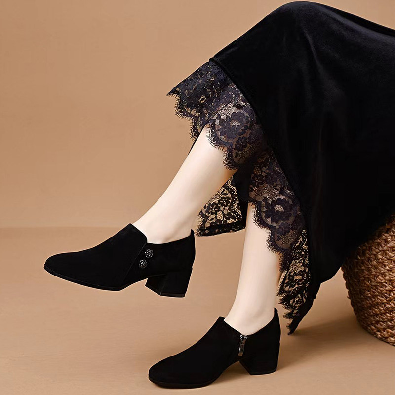 新款女鞋黑色反绒皮乐福鞋女中跟粗跟深口单鞋Y磨砂绒面休闲百搭,淘宝优惠券,粉丝福利购,淘宝优惠卷