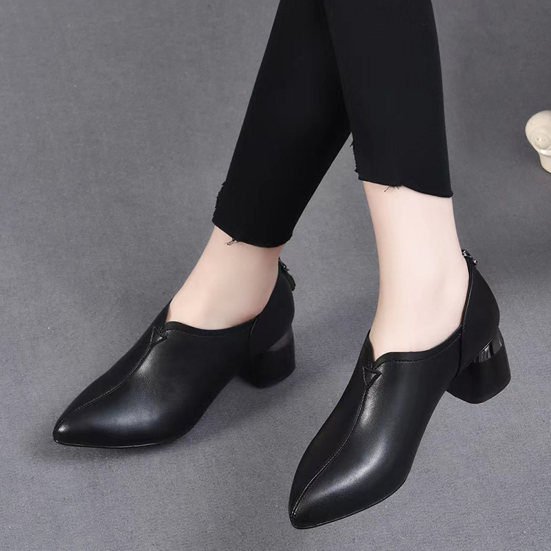 时尚休闲牛皮深口工作鞋单鞋真皮女士鞋粗跟尖头女中跟秋软皮软底,淘宝优惠券,粉丝福利购,淘宝优惠卷