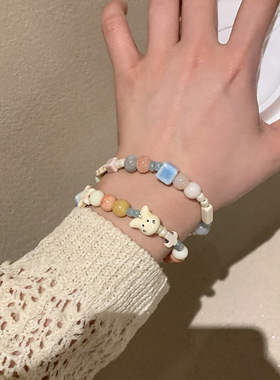 2025年新款小清新彩色猫咪手链女夏季可爱甜美串珠手串手饰品