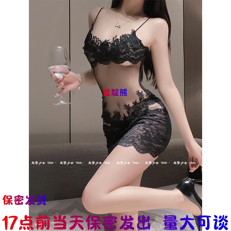 绝美腰线*纯欲透明网纱吊带约会连衣裙新款蕾丝睡衣高级感睡裙女 - 图1