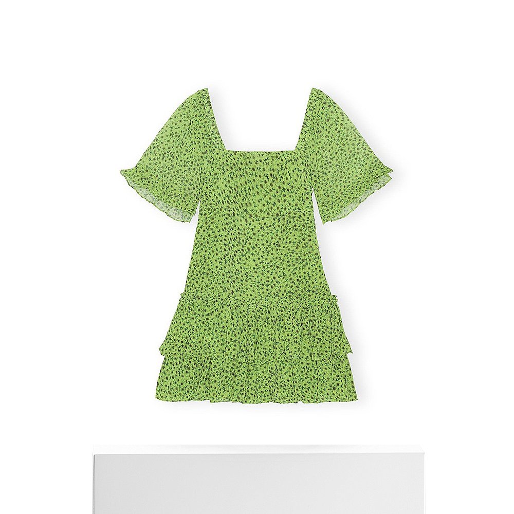 欧洲直邮GANNI 23新款女黑绿色印聚酯雪纺荷叶边裙摆露背短连衣-图3