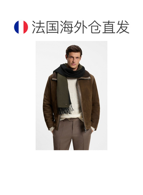 欧洲直邮自营HUGO BOSS雨果博斯 男士绿色羊绒双面扭结流苏围巾