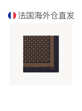 自营欧洲直邮YSL圣罗兰 女士藏青色/橙色/米色真丝徽章图案方巾