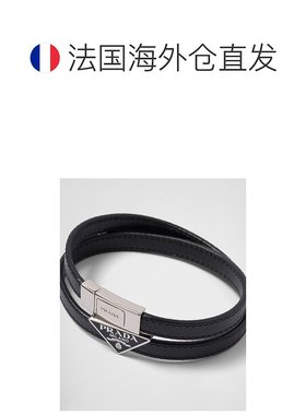 自营欧洲直邮Prada普拉达 Saffiano男士黑色皮质金属三角标识手链
