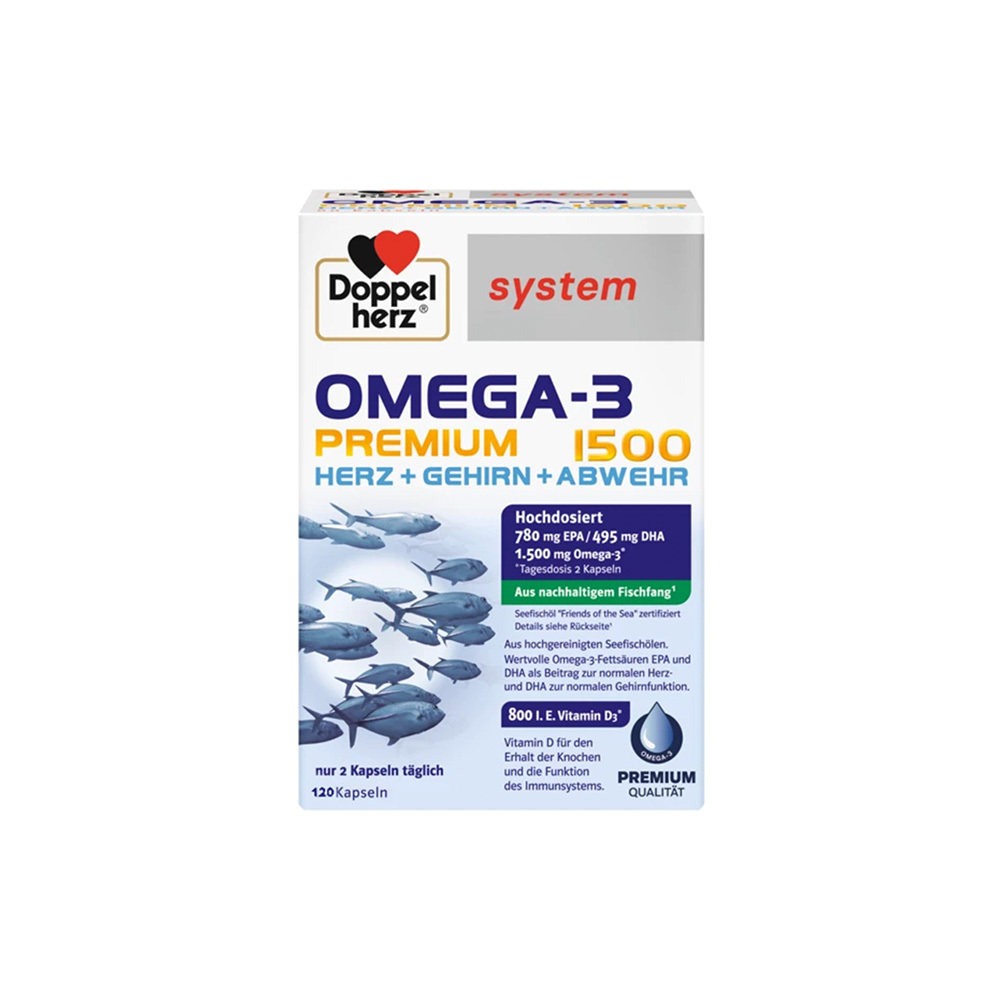 欧洲直邮德国药房Doppelherz双心Omega3胶囊120粒深海鱼油护心脑