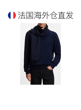 欧洲直邮自营HUGO BOSS雨果 男士藏青色羊毛Logo贴饰围巾