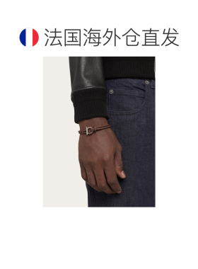 自营欧洲直邮Ferragamo菲拉格慕 Gancini男士深棕色牛皮编织手链