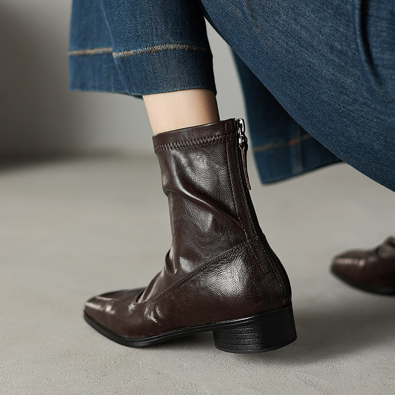 头层羊皮后拉链低跟小方头短靴女2025秋冬新款简约复古弹力瘦瘦靴,淘宝优惠券,粉丝福利购,淘宝优惠卷