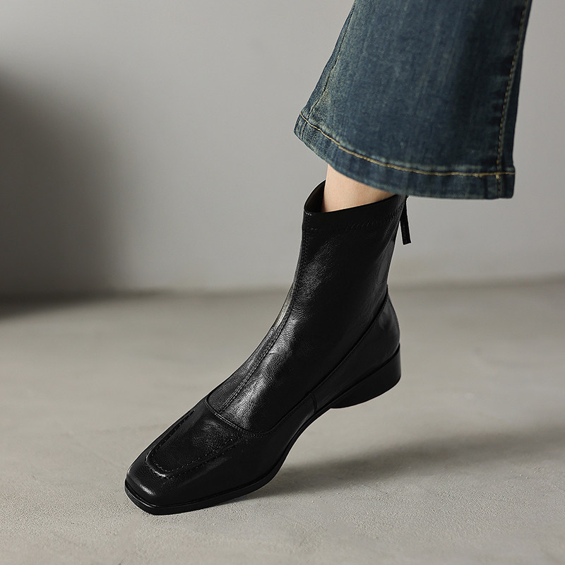 头层羊皮后拉链低跟小方头短靴女2025秋冬新款简约复古弹力瘦瘦靴,淘宝优惠券,粉丝福利购,淘宝优惠卷