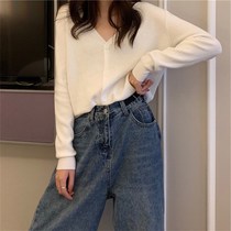 Fall new Korean version relaxation v collar thin section long sleeve knit cardiovert sweater jacket woman short jacket sunscreen