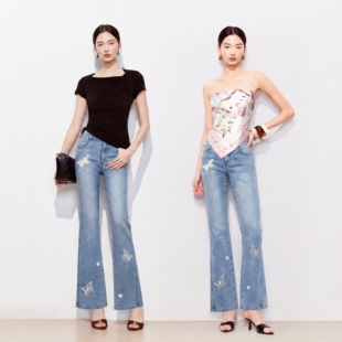 VeroModa奥莱牛仔裤女蕾丝蝴蝶绣花钉珠微喇