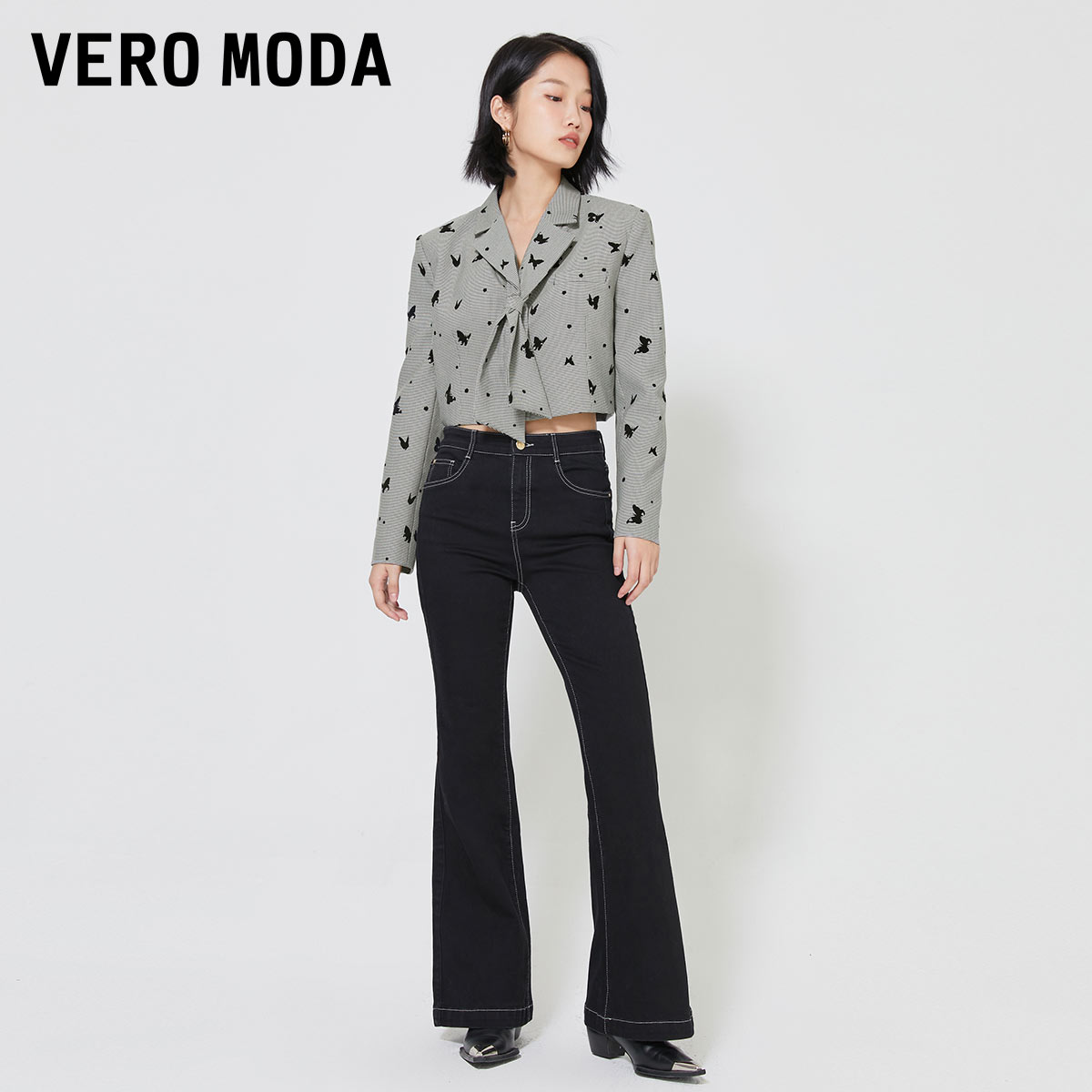 Vero Moda奥莱西装春秋清仓气质千鸟格九分袖短款外套上衣女