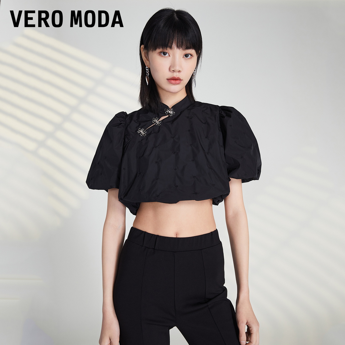 Vero Moda奥莱夏季清仓复古国潮改良旗袍领甜美泡泡袖百搭上衣女 - 图0