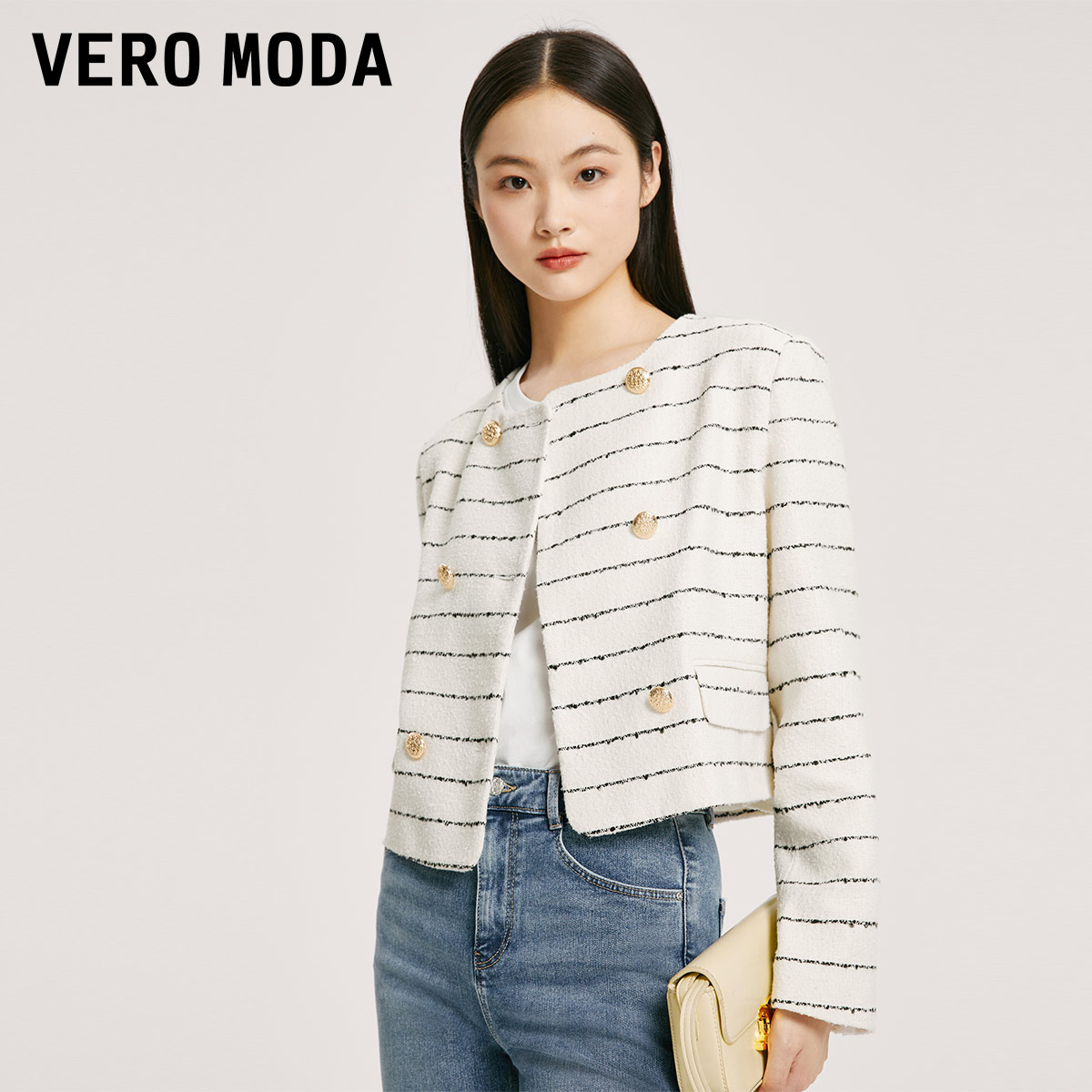 Vero Moda奥莱夹克外套女早春新款直筒白色条纹气质小香风百搭-图2