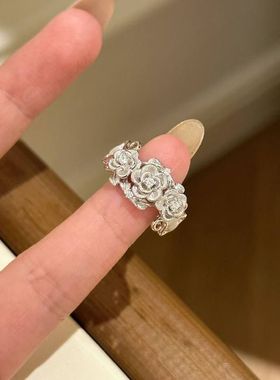 S925纯银玫瑰花拉丝戒指复古小众中世纪风格花式浪漫戒指花卉指环