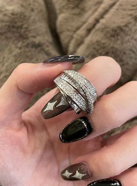 交叉风戒指韩国开口锆石镂空轻奢