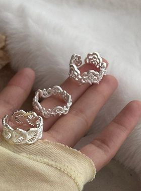 S925纯银镂空蕾丝花朵戒指甜美小众设计高级感复古ins风叠戴指环