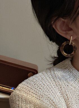S925纯银韩版秋冬季美拉德豹纹金色耳环韩国风简约复古耳饰品