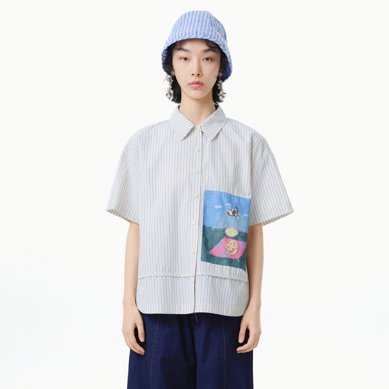 MOVEUP幻走2025夏季新款.FUN系列翻领趣味图案紫罗兰中长款衬衫女 - 图0