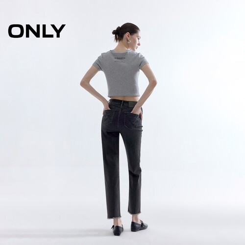 【ONLY奥莱】春夏脚口毛边高腰弹力修身显瘦九分直筒裤牛仔裤女 - 图2