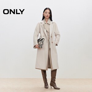 【ONLY奥莱】春款含绵羊毛双面呢外套翻领中长款纯色毛呢大衣女